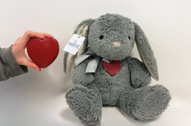 NAPZ grey stuffed rabbit, red heart-shaped electronic device and product tag
