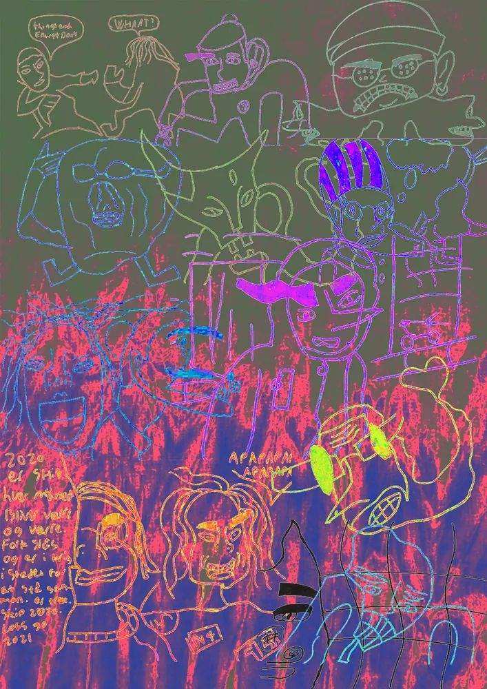 Overlapping comic characters in contrasting green, purple, pink and orange