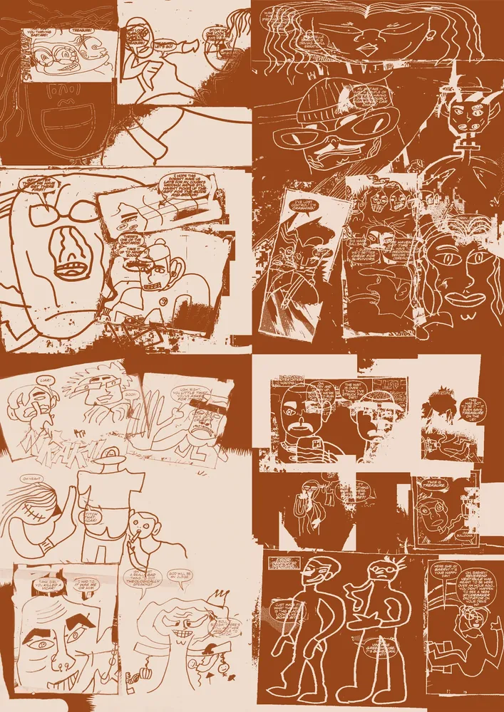 Comic panels arranged in an orange and cream textile graphic