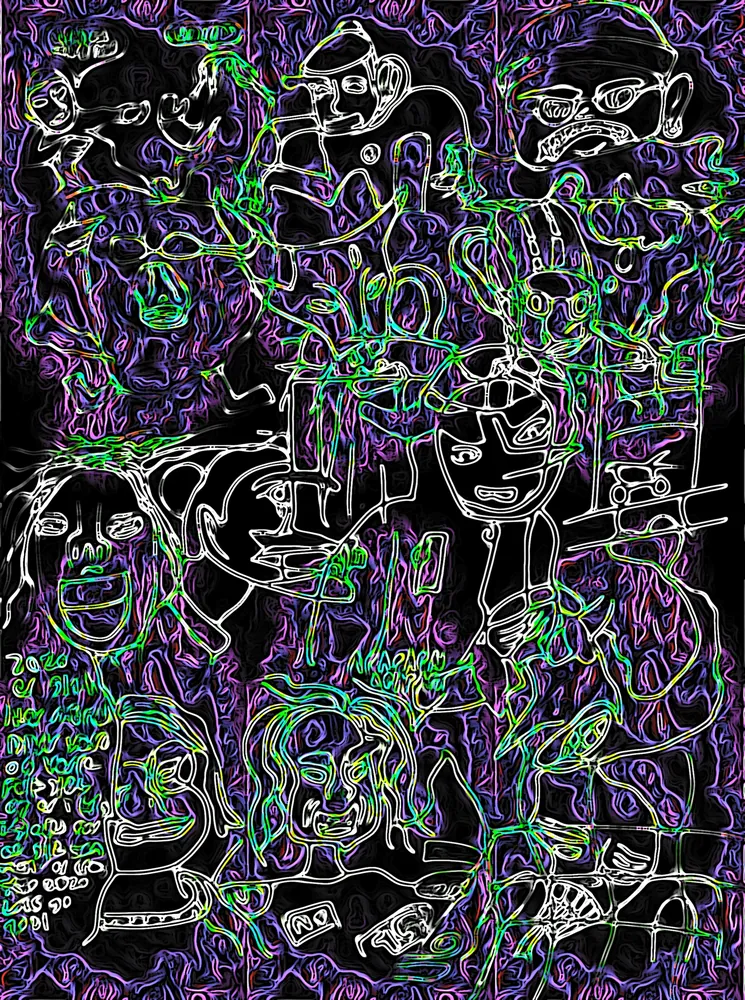 Repeated character linework in bright colours against a black background