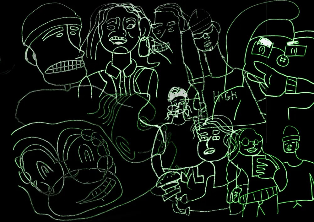 Green comic-character linework against a black background